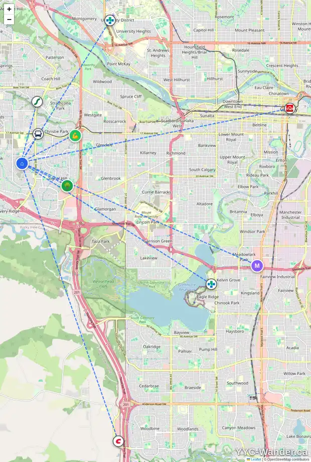 Daily accessibility map for 15 ELVEDEN PL SW, Calgary showing nearby schools, grocery stores, parks, LRT stations and nearby amenities