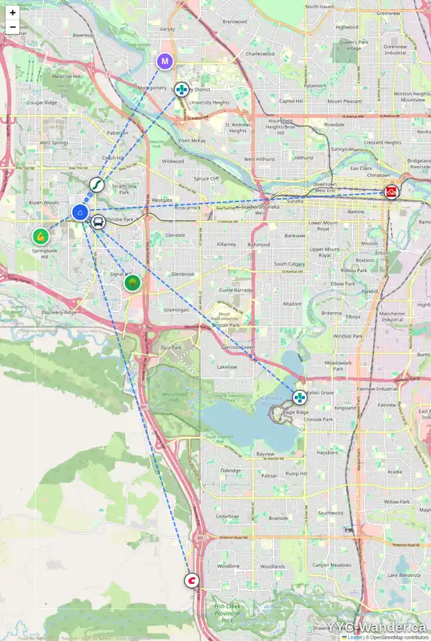 Daily accessibility map for 129 ASPEN RIDGE PL SW, Calgary showing nearby schools, grocery stores, parks, LRT stations and nearby amenities