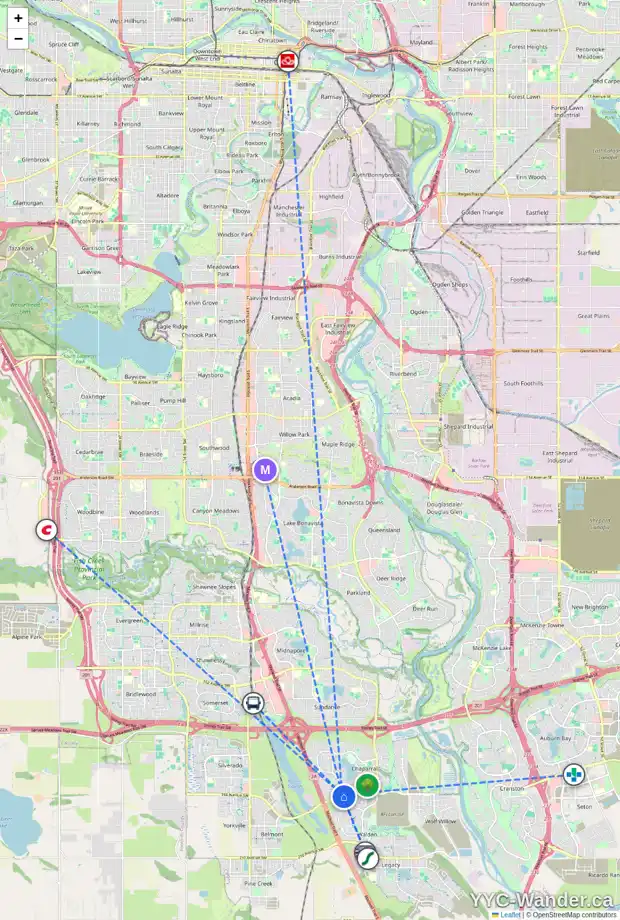 Daily accessibility map for 87 CHAPALINA SQ SE, Calgary showing nearby schools, grocery stores, parks, LRT stations and nearby amenities