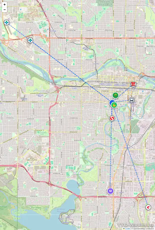 Daily accessibility map for 2C 515 17 AV SW, Calgary showing nearby schools, grocery stores, parks, LRT stations and nearby amenities