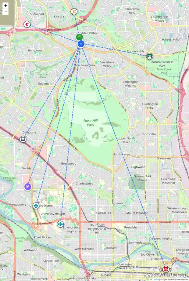 Daily accessibility map for 9846 HIDDEN VALLEY DR NW, Calgary showing nearby schools, grocery stores, parks, LRT stations and nearby amenities