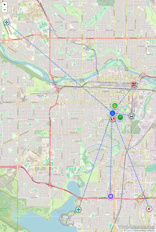 Daily accessibility map for 202 525 22 AV SW, Calgary showing nearby schools, grocery stores, parks, LRT stations and nearby amenities