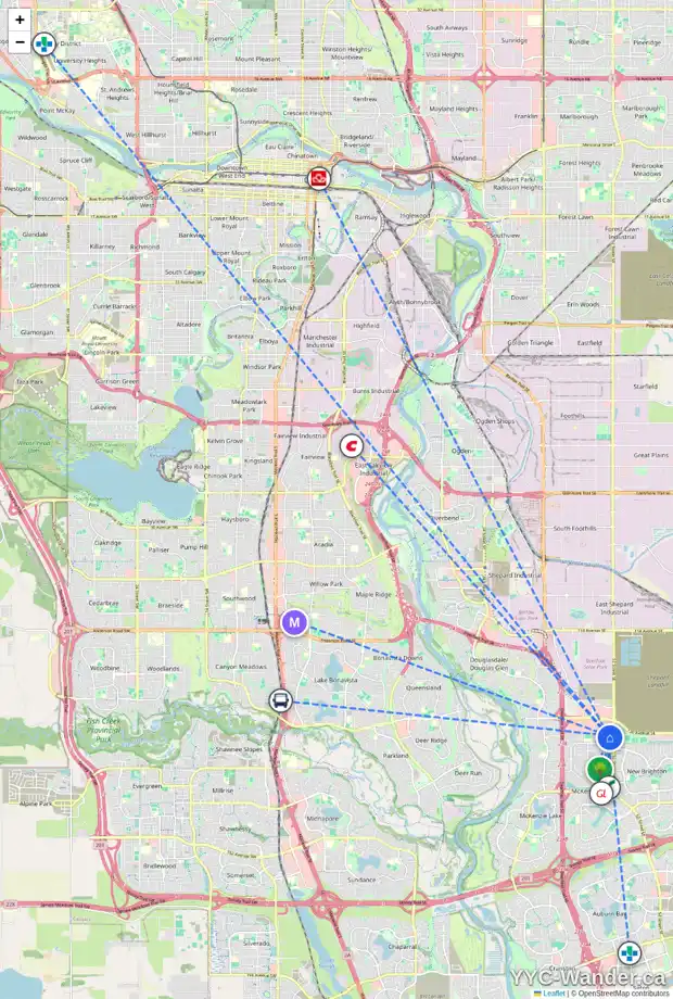 Daily accessibility map for 1308 10 PRESTWICK BA SE, Calgary showing nearby schools, grocery stores, parks, LRT stations and nearby amenities
