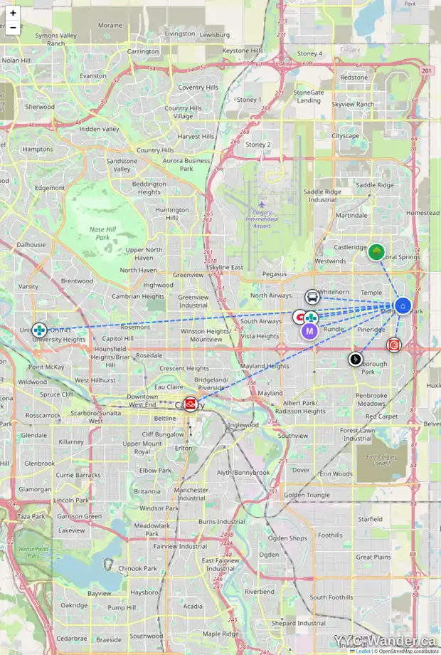 Daily accessibility map for 7076 LAGUNA WY NE, Calgary showing nearby schools, grocery stores, parks, LRT stations and nearby amenities