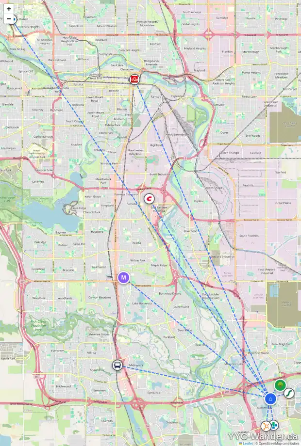 Daily accessibility map for 2 AUBURN GLEN CM SE, Calgary showing nearby schools, grocery stores, parks, LRT stations and nearby amenities