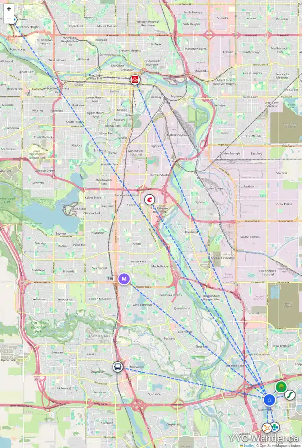 Daily accessibility map for 38 AUBURN GLEN CM SE, Calgary showing nearby schools, grocery stores, parks, LRT stations and nearby amenities