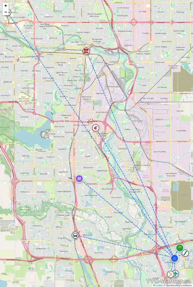 Daily accessibility map for 104 AUBURN GLEN HT SE, Calgary showing nearby schools, grocery stores, parks, LRT stations and nearby amenities