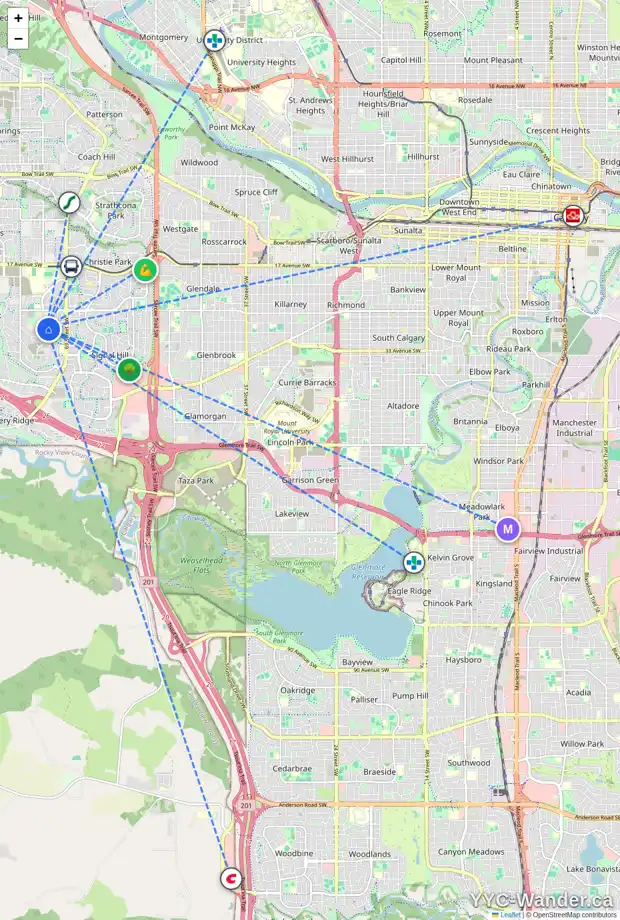 Daily accessibility map for 17 ELMONT VW SW, Calgary showing nearby schools, grocery stores, parks, LRT stations and nearby amenities