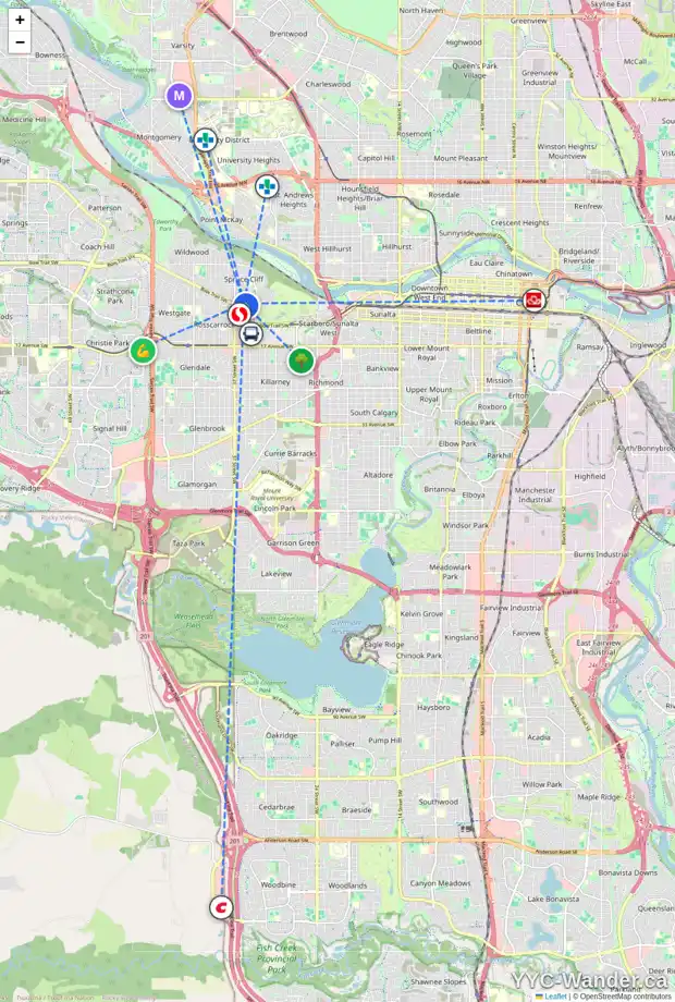 Daily accessibility map for 3524 8 AV SW, Calgary showing nearby schools, grocery stores, parks, LRT stations and nearby amenities