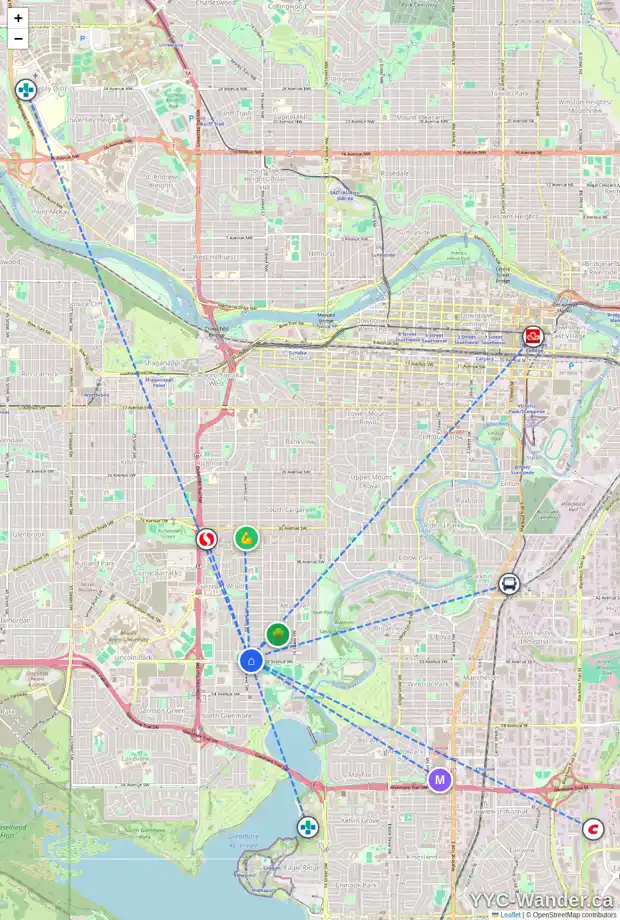 Daily accessibility map for 2040 50 AV SW, Calgary showing nearby schools, grocery stores, parks, LRT stations and nearby amenities