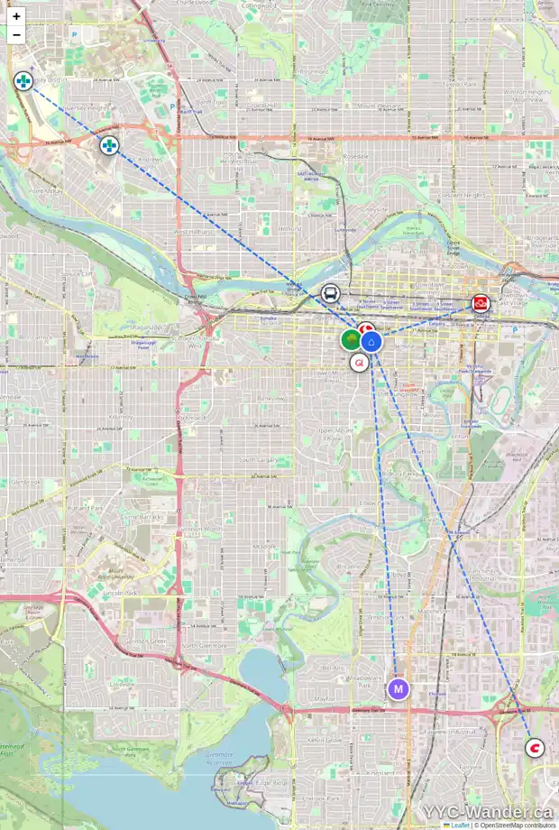 Daily accessibility map for 11 1211 7 ST SW, Calgary showing nearby schools, grocery stores, parks, LRT stations and nearby amenities
