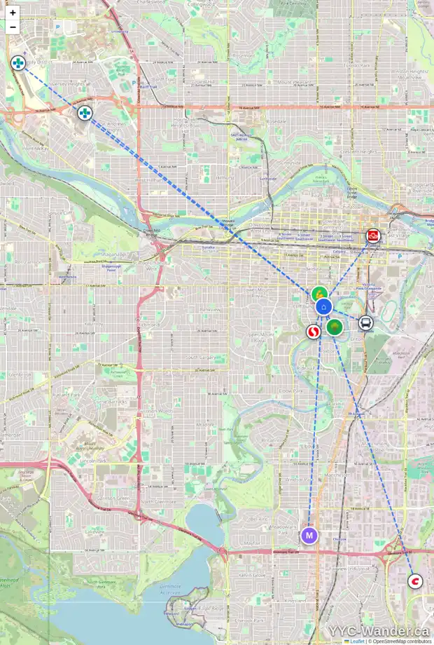 Daily accessibility map for 406 328 21 AV SW, Calgary showing nearby schools, grocery stores, parks, LRT stations and nearby amenities
