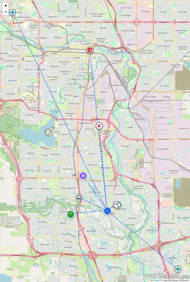 Daily accessibility map for 255 PARKSIDE WY SE, Calgary showing nearby schools, grocery stores, parks, LRT stations and nearby amenities