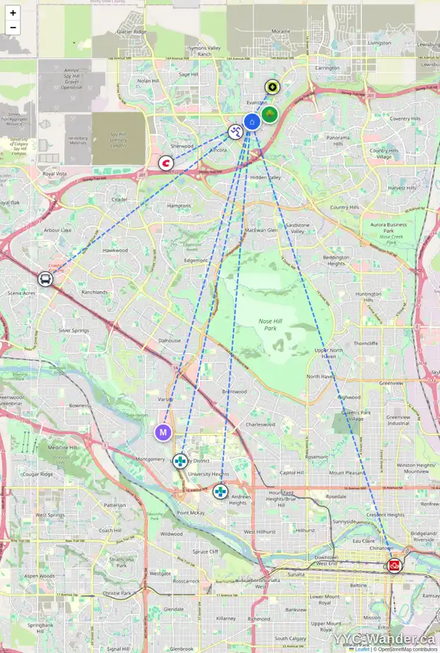 Daily accessibility map for 34 300 EVANSCREEK CO NW, Calgary showing nearby schools, grocery stores, parks, LRT stations and nearby amenities