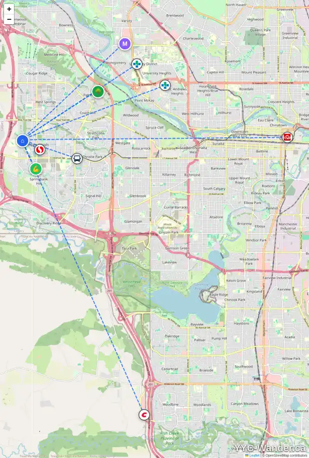 Daily accessibility map for 9303 14 AV SW, Calgary showing nearby schools, grocery stores, parks, LRT stations and nearby amenities