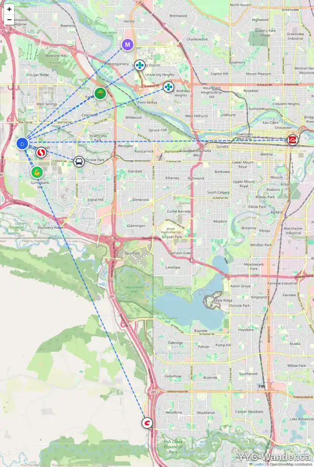 Daily accessibility map for 9323 14 AV SW, Calgary showing nearby schools, grocery stores, parks, LRT stations and nearby amenities