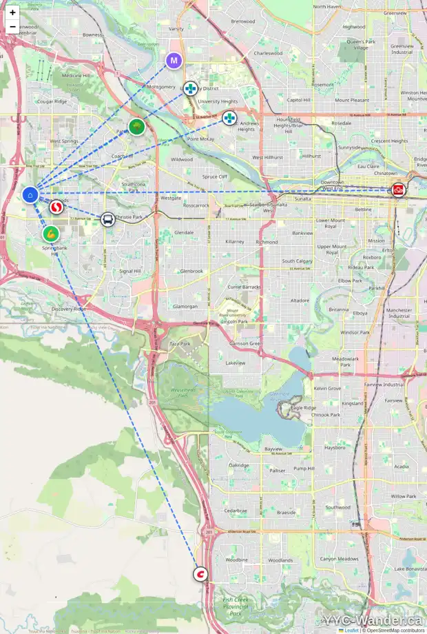 Daily accessibility map for 9331 14 AV SW, Calgary showing nearby schools, grocery stores, parks, LRT stations and nearby amenities