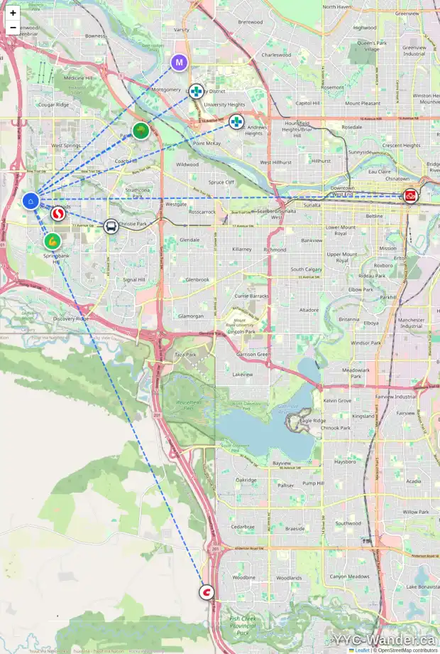 Daily accessibility map for 9335 14 AV SW, Calgary showing nearby schools, grocery stores, parks, LRT stations and nearby amenities