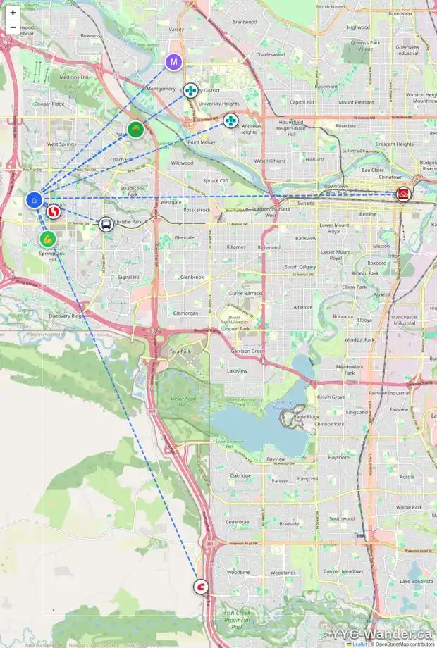 Daily accessibility map for 15 ASPEN HILLS PL SW, Calgary showing nearby schools, grocery stores, parks, LRT stations and nearby amenities