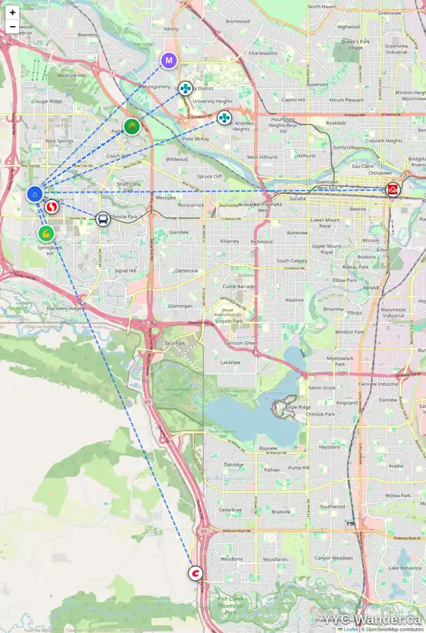 Daily accessibility map for 4 ASPEN HILLS PL SW, Calgary showing nearby schools, grocery stores, parks, LRT stations and nearby amenities