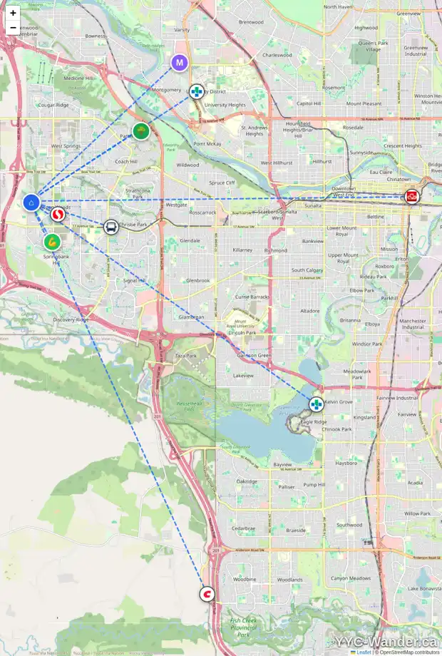 Daily accessibility map for 150 ASPEN HILLS WY SW, Calgary showing nearby schools, grocery stores, parks, LRT stations and nearby amenities