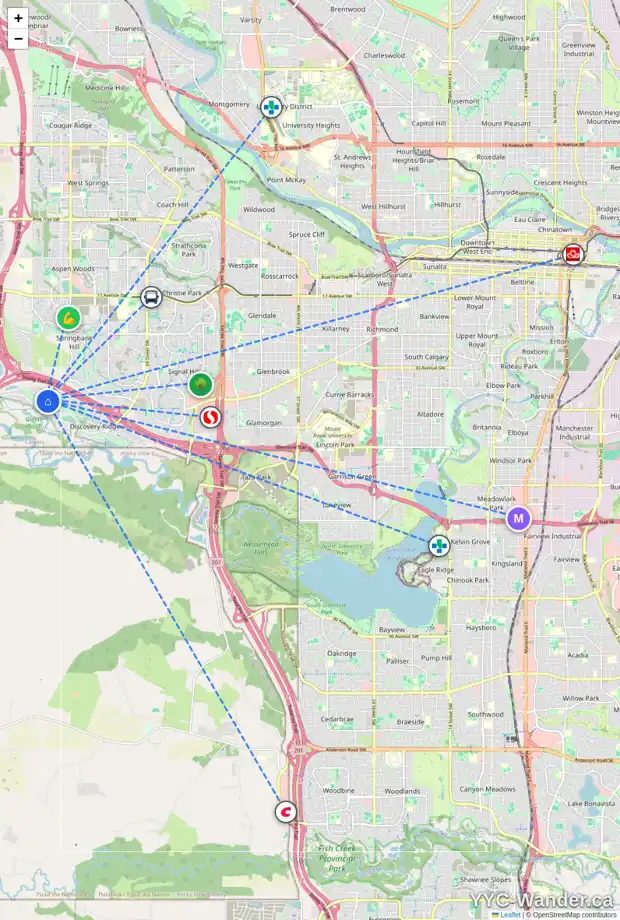 Daily accessibility map for 30 DISCOVERY VISTA PT SW, Calgary showing nearby schools, grocery stores, parks, LRT stations and nearby amenities
