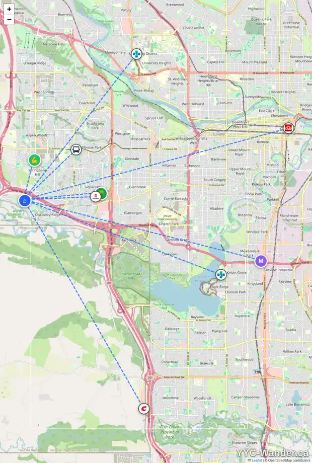 Daily accessibility map for 18 DISCOVERY VISTA PT SW, Calgary showing nearby schools, grocery stores, parks, LRT stations and nearby amenities