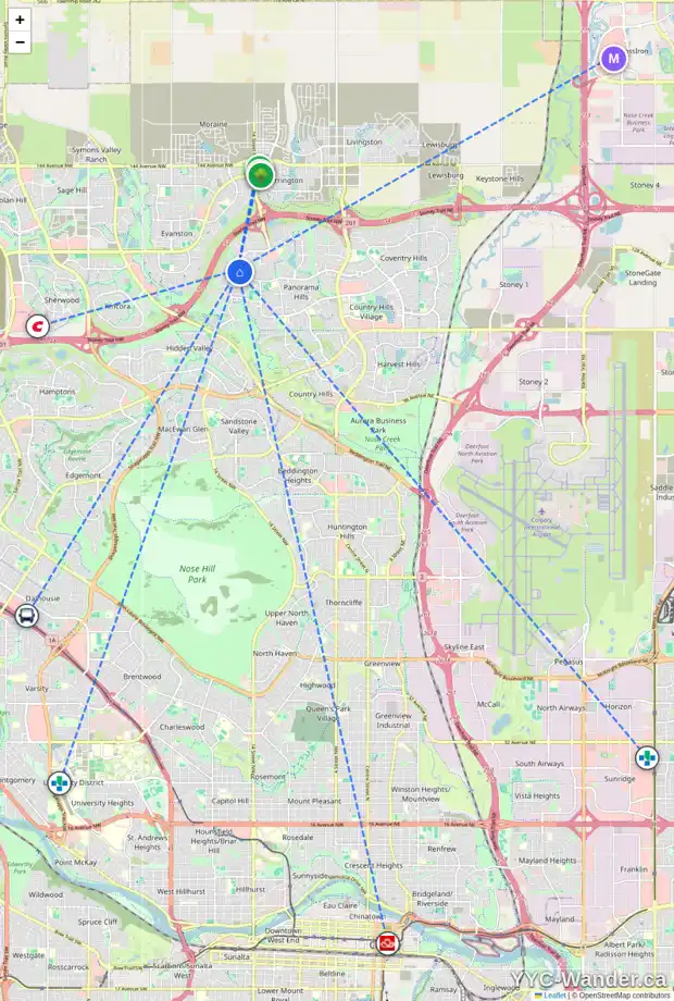 Daily accessibility map for 673 PANATELLA BV NW, Calgary showing nearby schools, grocery stores, parks, LRT stations and nearby amenities
