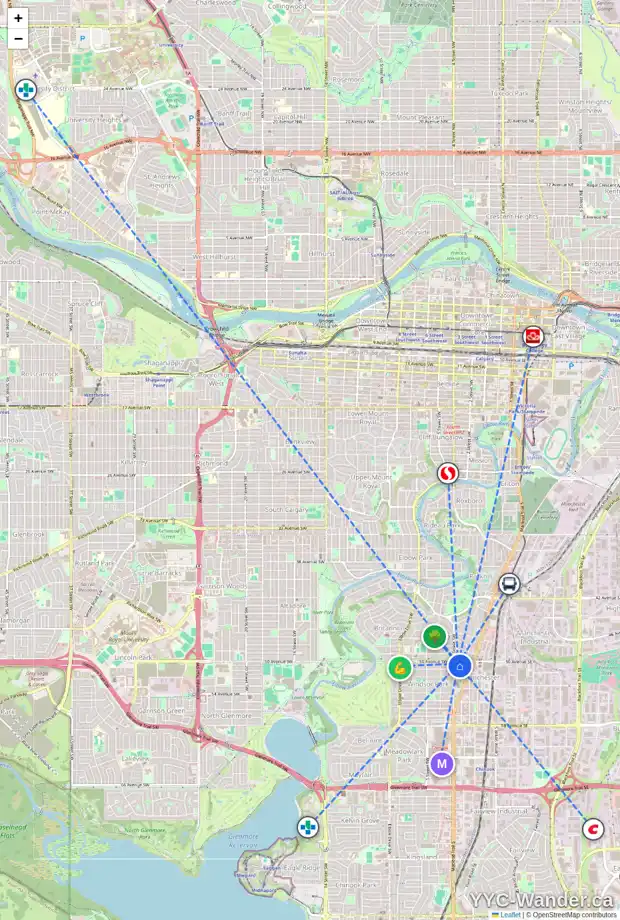 Daily accessibility map for 105 315 50 AV SW, Calgary showing nearby schools, grocery stores, parks, LRT stations and nearby amenities