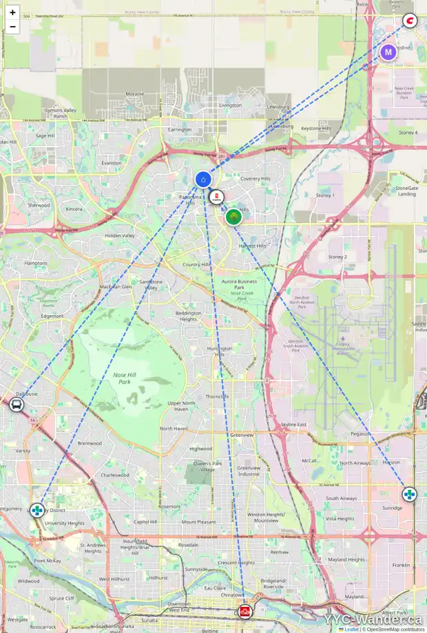 Daily accessibility map for 63 PANATELLA VW NW, Calgary showing nearby schools, grocery stores, parks, LRT stations and nearby amenities