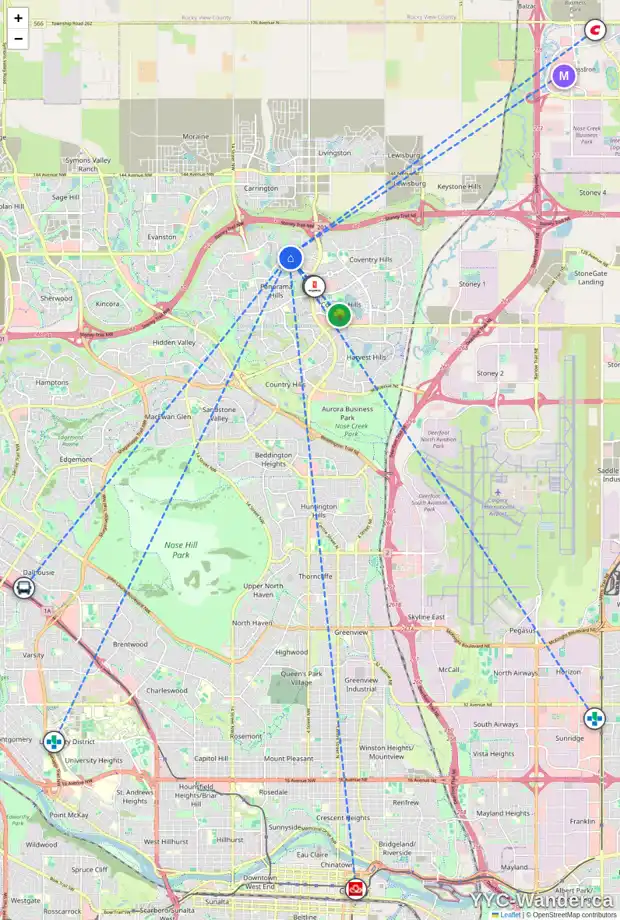 Daily accessibility map for 95 PANATELLA VW NW, Calgary showing nearby schools, grocery stores, parks, LRT stations and nearby amenities