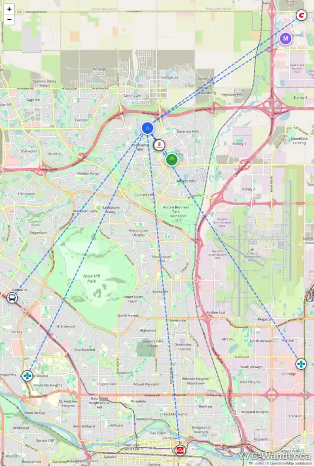 Daily accessibility map for 127 PANATELLA VW NW, Calgary showing nearby schools, grocery stores, parks, LRT stations and nearby amenities