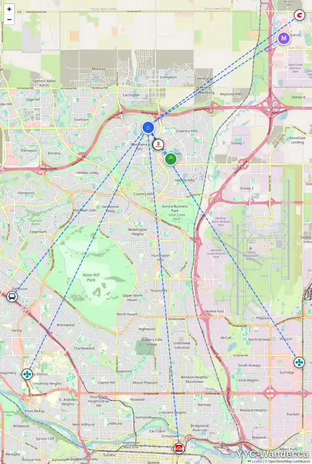 Daily accessibility map for 151 PANATELLA VW NW, Calgary showing nearby schools, grocery stores, parks, LRT stations and nearby amenities
