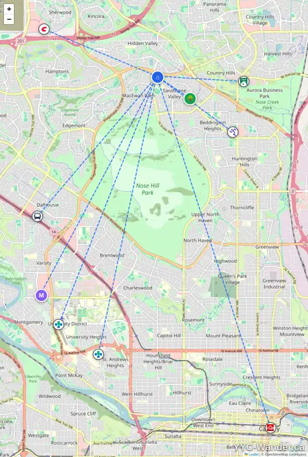 Daily accessibility map for 52 388 SANDARAC DR NW, Calgary showing nearby schools, grocery stores, parks, LRT stations and nearby amenities