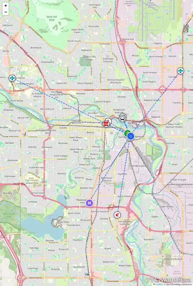 Daily accessibility map for 1339 11 AV SE, Calgary showing nearby schools, grocery stores, parks, LRT stations and nearby amenities