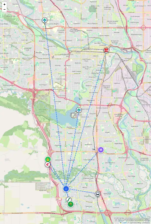 Daily accessibility map for 2 EVERHOLLOW GR SW, Calgary showing nearby schools, grocery stores, parks, LRT stations and nearby amenities