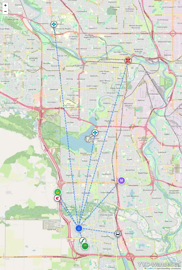 Daily accessibility map for 57 EVERHOLLOW GR SW, Calgary showing nearby schools, grocery stores, parks, LRT stations and nearby amenities