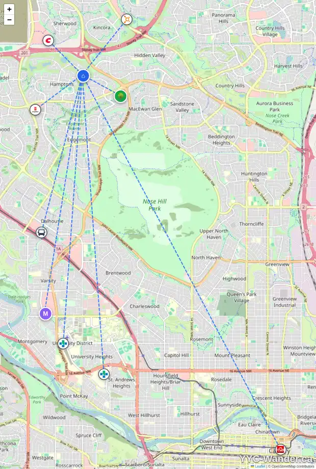 Daily accessibility map for 40 HAMPTONS LI NW, Calgary showing nearby schools, grocery stores, parks, LRT stations and nearby amenities