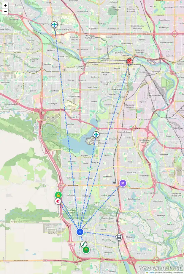 Daily accessibility map for 93 EVERHOLLOW GR SW, Calgary showing nearby schools, grocery stores, parks, LRT stations and nearby amenities