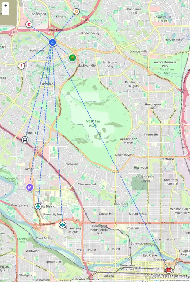 Daily accessibility map for 72 HAMPTONS HT NW, Calgary showing nearby schools, grocery stores, parks, LRT stations and nearby amenities
