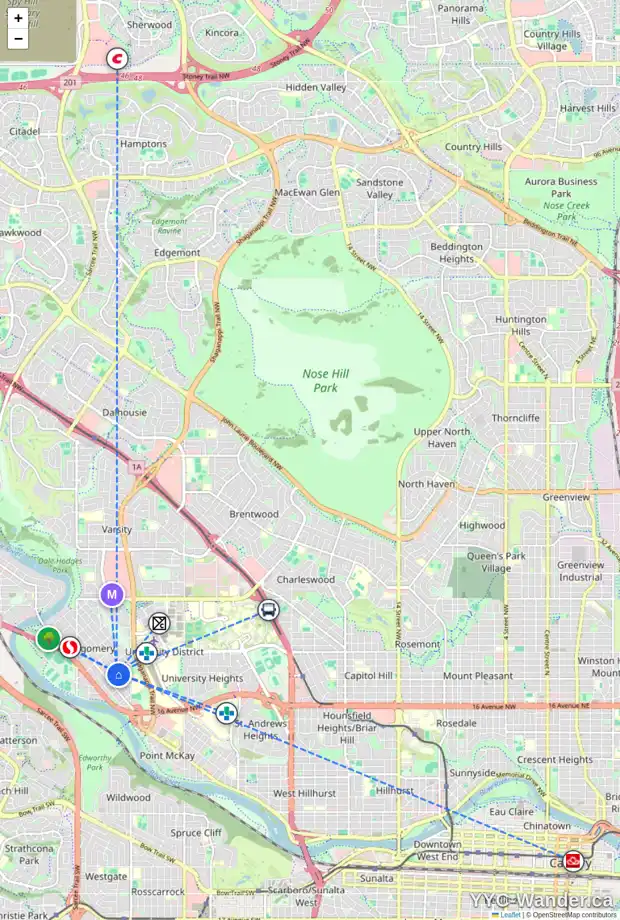 Daily accessibility map for 4509 20 AV NW, Calgary showing nearby schools, grocery stores, parks, LRT stations and nearby amenities