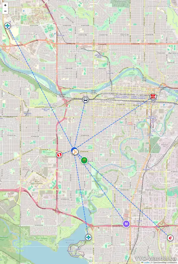 Daily accessibility map for 2005 32 AV SW, Calgary showing nearby schools, grocery stores, parks, LRT stations and nearby amenities