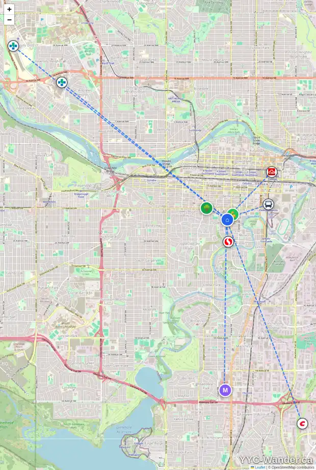 Daily accessibility map for 203 534 20 AV SW, Calgary showing nearby schools, grocery stores, parks, LRT stations and nearby amenities