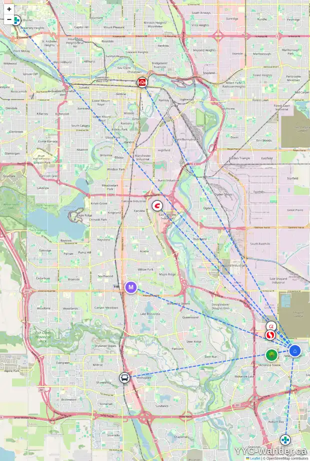 Daily accessibility map for 48 BRIGHTONCREST CM SE, Calgary showing nearby schools, grocery stores, parks, LRT stations and nearby amenities