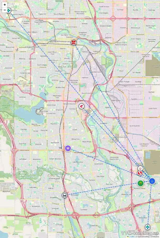 Daily accessibility map for 525 NEW BRIGHTON DR SE, Calgary showing nearby schools, grocery stores, parks, LRT stations and nearby amenities