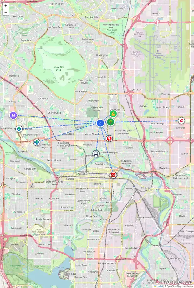 Daily accessibility map for 456 28 AV NW, Calgary showing nearby schools, grocery stores, parks, LRT stations and nearby amenities