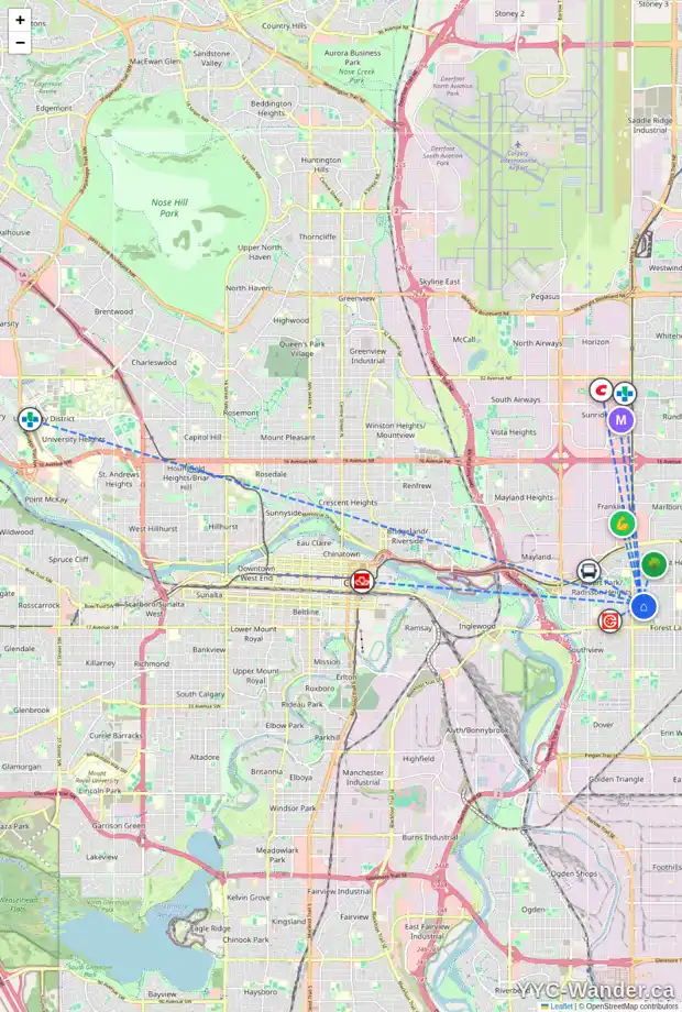 Daily accessibility map for 1315 38 ST SE, Calgary showing nearby schools, grocery stores, parks, LRT stations and nearby amenities