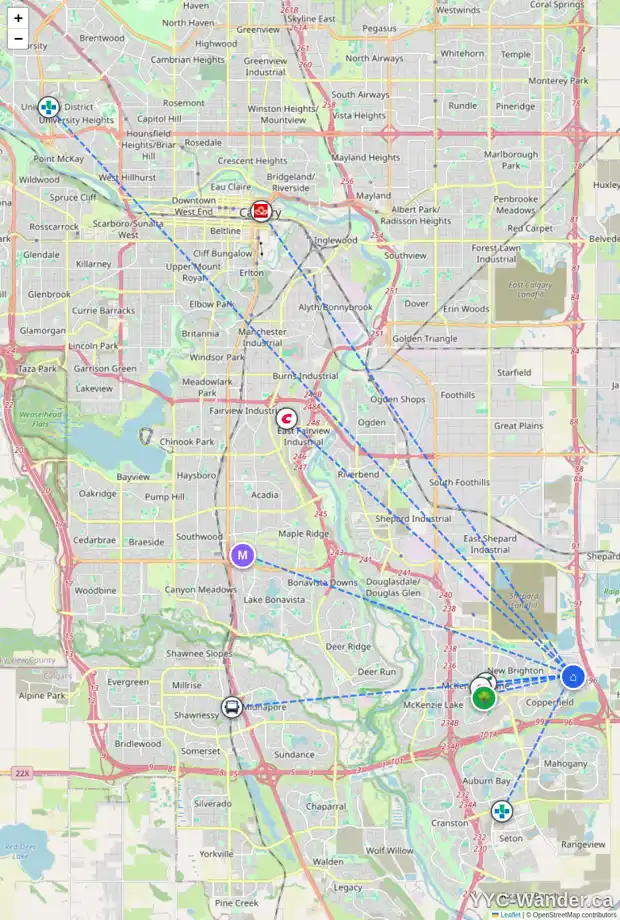 Daily accessibility map for 263 COPPERPOND CI SE, Calgary showing nearby schools, grocery stores, parks, LRT stations and nearby amenities