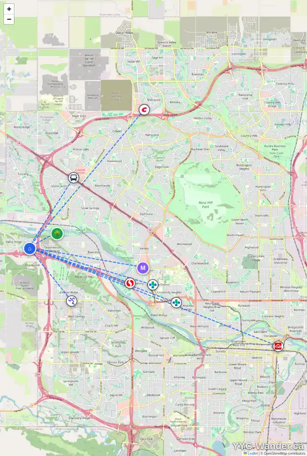 Daily accessibility map for 109 VALLEY BROOK CO NW, Calgary showing nearby schools, grocery stores, parks, LRT stations and nearby amenities
