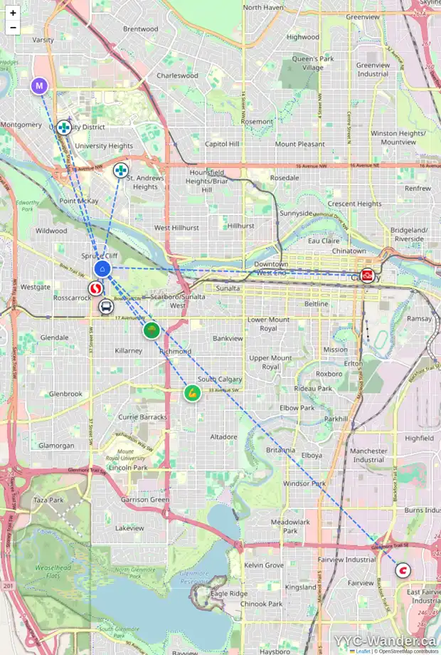 Daily accessibility map for 10 TAMARAC CR SW, Calgary showing nearby schools, grocery stores, parks, LRT stations and nearby amenities